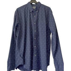 J Crew Sewn For Men's Button Shirt XL Blue White Leaves Stretch Cotton Classic‎
